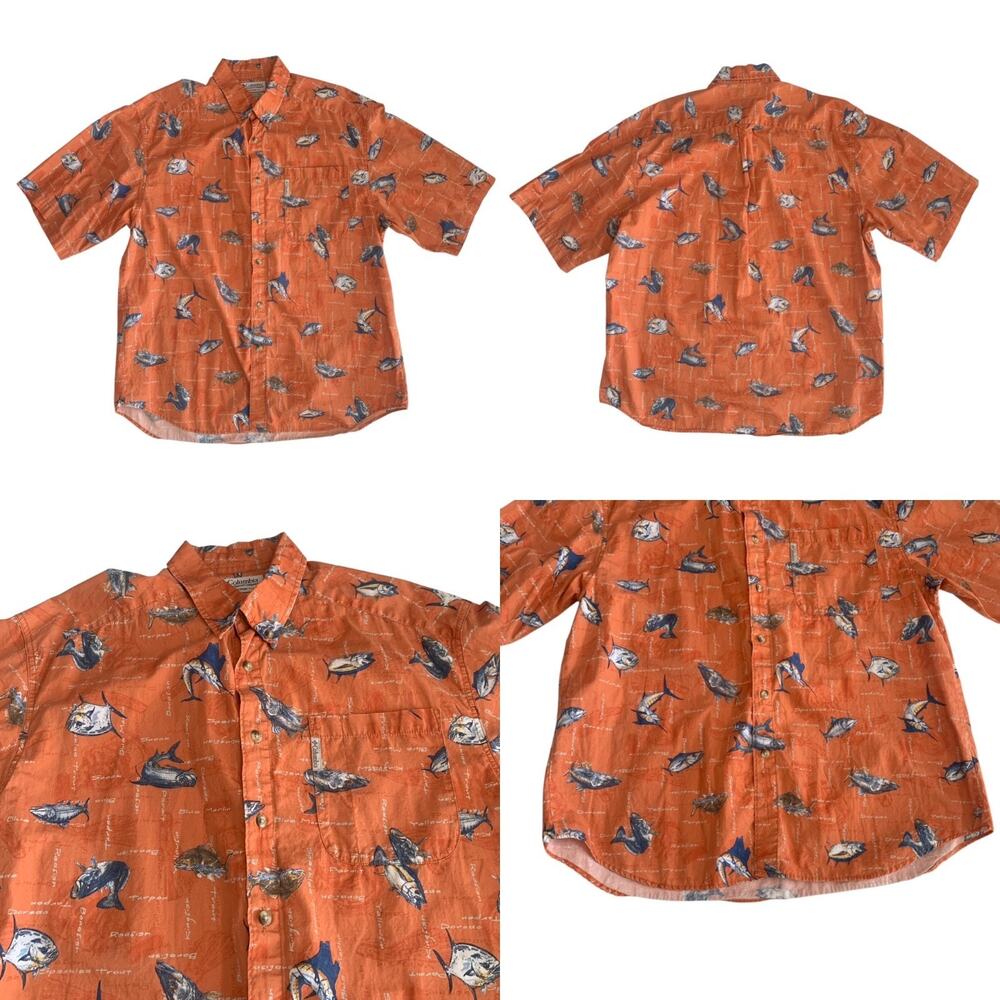 Columbia Men's Size L All Over Fish Button Down Short Sleeve Hawaiian Shirt